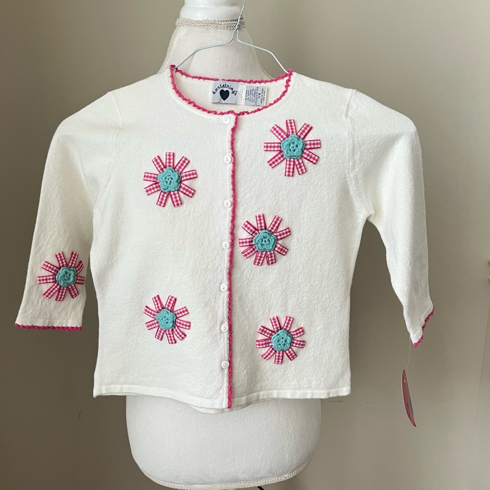 Hartstrings Girls White Sweater With Flowers- 7/8